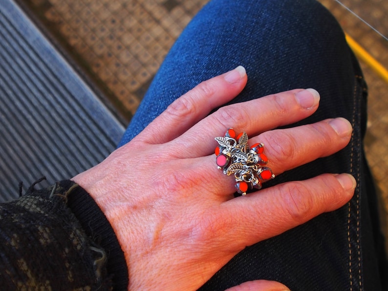 silver ring 925 Silver Ring fire Orange /& small Czech glass beads leaves