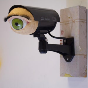 May include: A black and white security camera with a large, realistic, painted eye and eyelashes. The camera is mounted on a white wall with a gray brick behind it. The camera has the text "CCD camera" printed on it.
