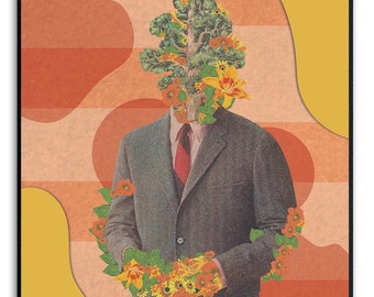 Retro Surrealist Art Print – Floral Collage, Home Decor (12"x 12")