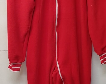 NEW PROMO Vintage Red plush fleece footie pajama featuring locking zipper and striped cuffs/collar