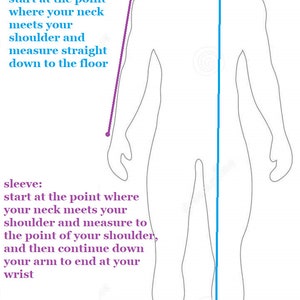 May include: Diagram showing how to measure shoulder to floor and sleeve length. A purple line shows how to measure from the point where the neck meets the shoulder down to the floor. A blue line shows how to measure from the point where the neck meets the shoulder down the arm to the wrist.