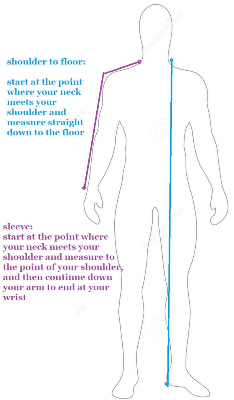 May include: Diagram showing how to measure shoulder to floor and sleeve length. A purple line shows how to measure from the point where the neck meets the shoulder down to the floor. A blue line shows how to measure from the point where the neck meets the shoulder down the arm to the wrist.