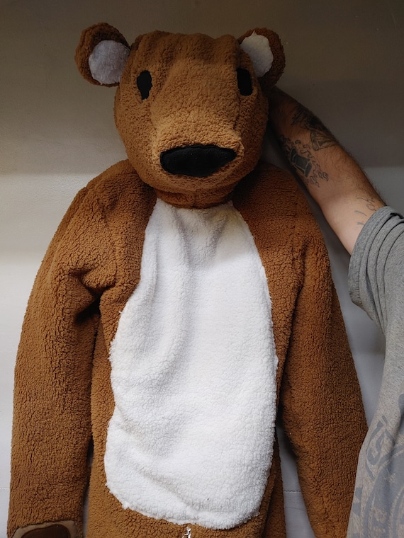 3 Layer Thick Brown Bear W Tummy Patch Adult Plush Stuffed Bear Pajama With  Double Locking Zipper 