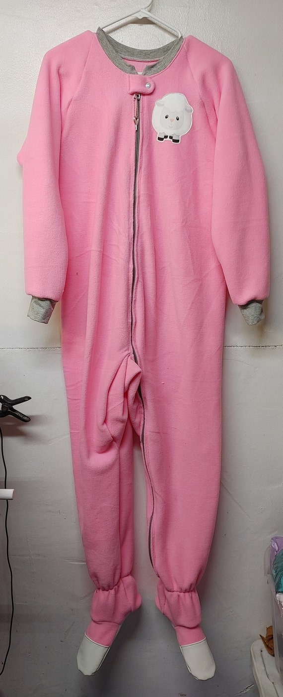 Vintage Pink Plush Fleece Footie Pajama Featuring Grey Locking Zipper and Cuffs collar Vinyl Toe Caps and Elastic Etsy UK