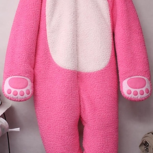 ABDL TRIPLE CAPA (3 capas) CALIENTE Rosa Sherpa Felpa Oso Footie con capucha, Cremallera de Bloqueo, Mitones