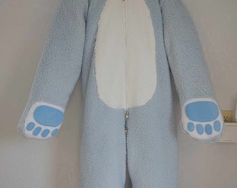 3 Layer Thick BABY BLUE Bear w Tummy Patch Adult Plush Stuffed Bear Pajama with Double Locking Zipper and Hood, Ears