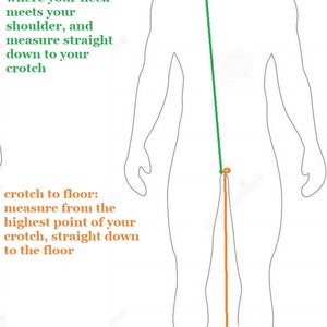 May include: Diagram showing how to measure shoulder to crotch and crotch to floor. The diagram shows a person standing with a green line from the neck to the crotch and an orange line from the crotch to the floor.