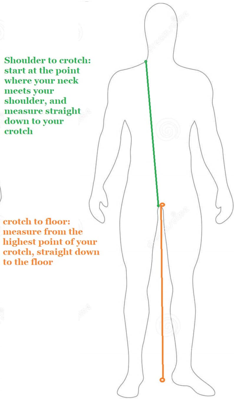 May include: Diagram showing how to measure shoulder to crotch and crotch to floor. The diagram shows a person standing with a green line from the neck to the crotch and an orange line from the crotch to the floor.