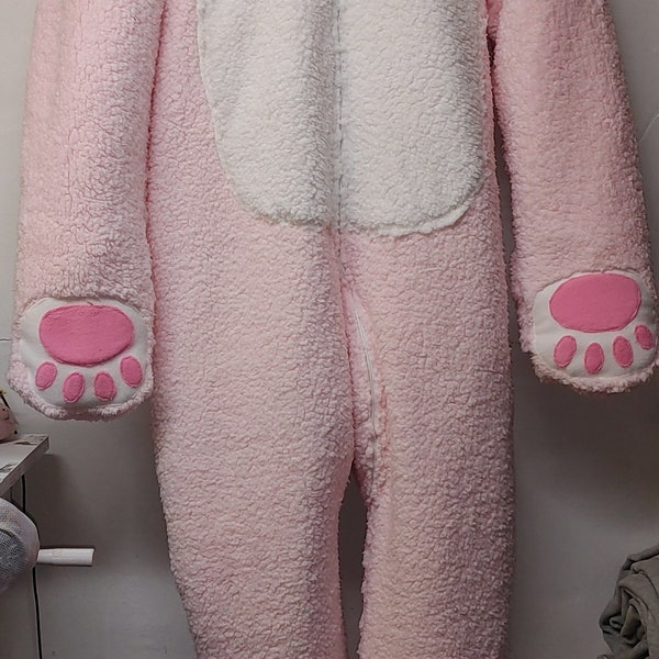 TRIPLE Layer (3 layer) Pink Sherpa Plush Fleece Bear Footie with  2 Locking Zippers, Mittens, Elastic in the ankles and vinyl soles
