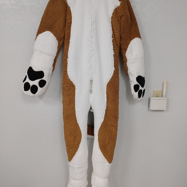 3 Layer Thick Shiba Inu Puppy  w Tummy Patch Adult Plush Stuffed Pajama with Locking Zipper, Ears, Paws, and Tail