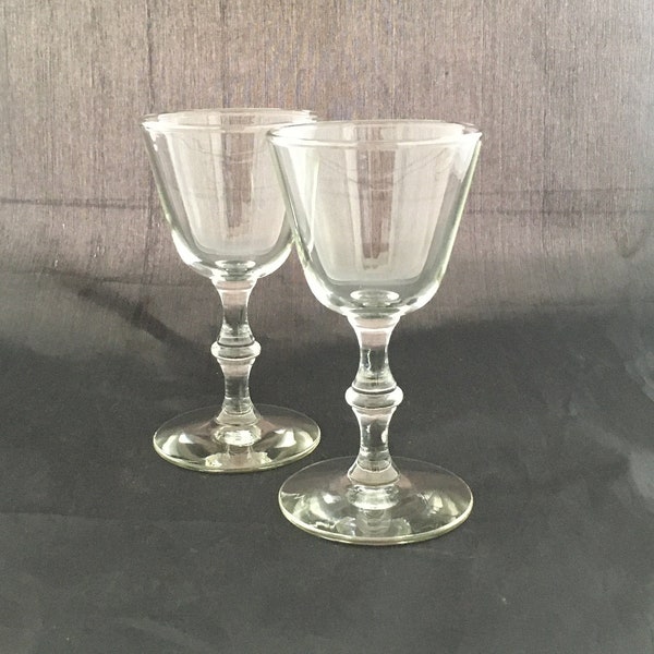 Set of 2 Mid Century Modern Small Martini / Liquor Cocktail Glasses, Bamboo Knob Cut Stem, Art Deco Small Cocktail Glasses, Libbey Georgian