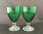 Vintage Water or Wine Goblet - Beaded Foot - Mid Century Modern Drinking Glasses - Anchor Hocking Boopie Green w Clear Base - Set of 2