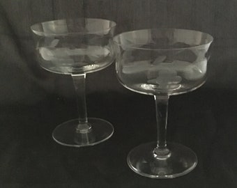 Antique Champagne / Dessert Glasses Libbey Lily of the Valley Set of 2 Mid Century Modern Coupe Cocktail Glasses White Flowers Silver Rim