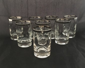 Set of 2 Mid Century Modern Silver Platinum Rim 5 OZ Short Narrow Tumblers, Vintage Retro Juice Glasses, Swirled Glass, Delmonico Cocktail