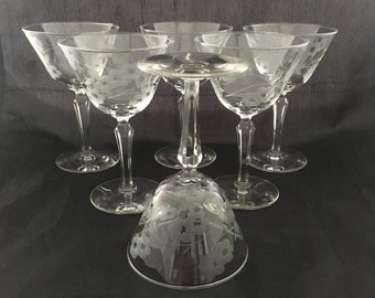 Set of 2 Vintage Floral Etched Crystal Cocktail Coupe Martini Glasses: Libbey Glenmore