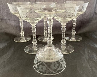 Set of 2 Vintage Floral Etched Large Cocktail Coupe Glasses: Rock Sharpe, Martini Champagne