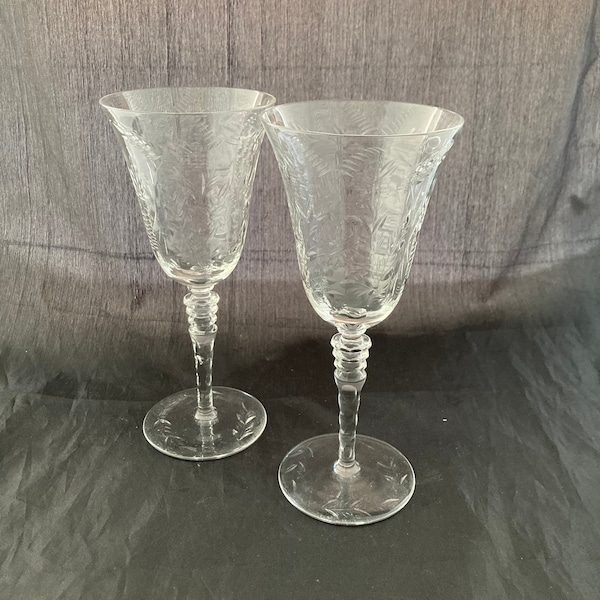 Set of 2 Art Deco Tall Floral Etched 8 OZ Crystal Wine / Water Goblets, Mid Century Modern Wine Glasses, Rock Sharpe Fernwood, Polished Cut