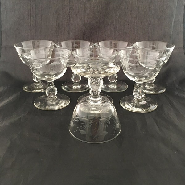 Set of 2 Mid Century Modern Leaf Etched 6 OZ Crystal Cocktail Coupe Glasses, Libbey Vienna, Antique Champagne Saucers Sherbet Dessert Cups