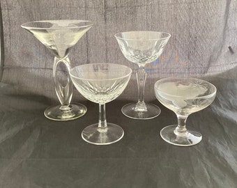 Set of 4 Mismatched Vintage Cut Etched Crystal Cocktail Glasses, Assorted Mid Century Modern Champagne / Coupe Glasses, Art Deco Barware