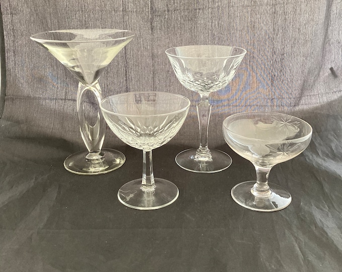 Set of 4 Mismatched Vintage Cut Etched Crystal Cocktail Glasses, Assorted Mid Century Modern Champagne / Coupe Glasses, Art Deco Barware