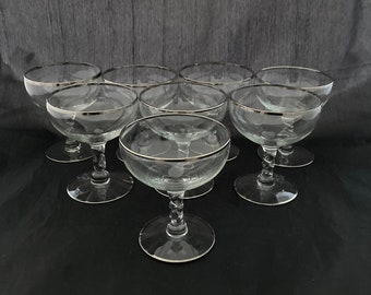 Set of 2 Vintage Mid Century Silver Rim Cocktail Coupe Martini Glasses, Champagne Saucers