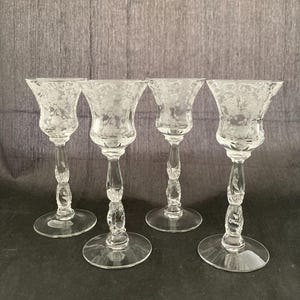 Set of 2 Mid Century Modern Floral Etched SMALL 1 OZ Crystal Cordial Glasses, Cambridge Chantilly, Stemmed Footed Shot Glasses, Port Sherry