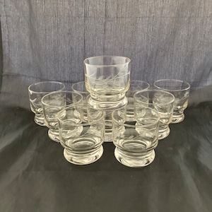 Set of 2 Mid Century Modern Vine Etched Short Stacking Tumblers, 6 OZ Drinking, Juice, Lowball Cocktail, Rocks Old Fashioned Whiskey Glasses