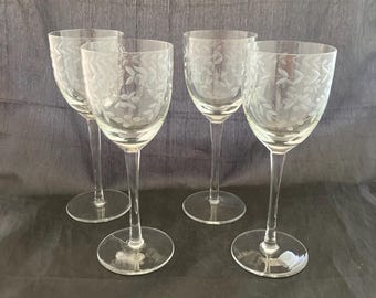 Set of 2 Vintage Floral Etched Tall Crystal Wine Goblets, Toscany, Laurel Wreath Vines