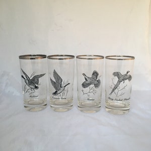 Set of 4 Vintage Game Bird Silver Rim Tumblers, Mid-Century Modern Highball Drinking Glasses