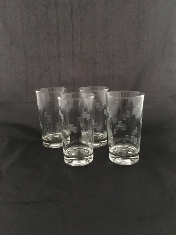 Mid Century Modern Tumblers Vintage Etched Drinking Glasses