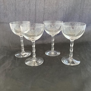 Set of 2 Mid Century Modern Floral Etched Crystal SMALL 2.5 OZ Liquor Cocktail Glasses, Cordial Sherry Port Amaro Glasses, Fostoria Heraldry