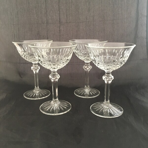 Set of 2 Mid Century Modern Cut Crystal Tall Cocktail Coupe Glasses, Fidenza Vetraria Regency, Italian Martini Glasses, Champagne Saucers