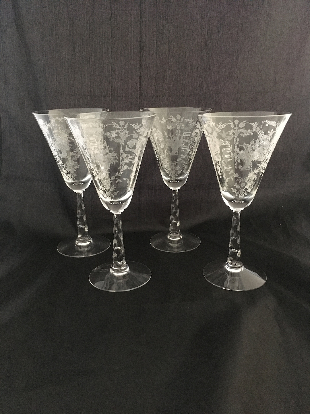 Set of 2 Antique Cornucopia Acid Needle Etched Crystal Wine Glasses