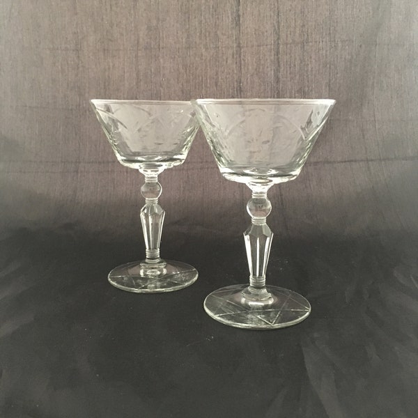 Set of 2 Mid Century Modern Floral Etched Crystal 5 OZ Cocktail Coupe Glasses, Rock Sharpe Glamour, Champagne Saucers, Martini Glasses