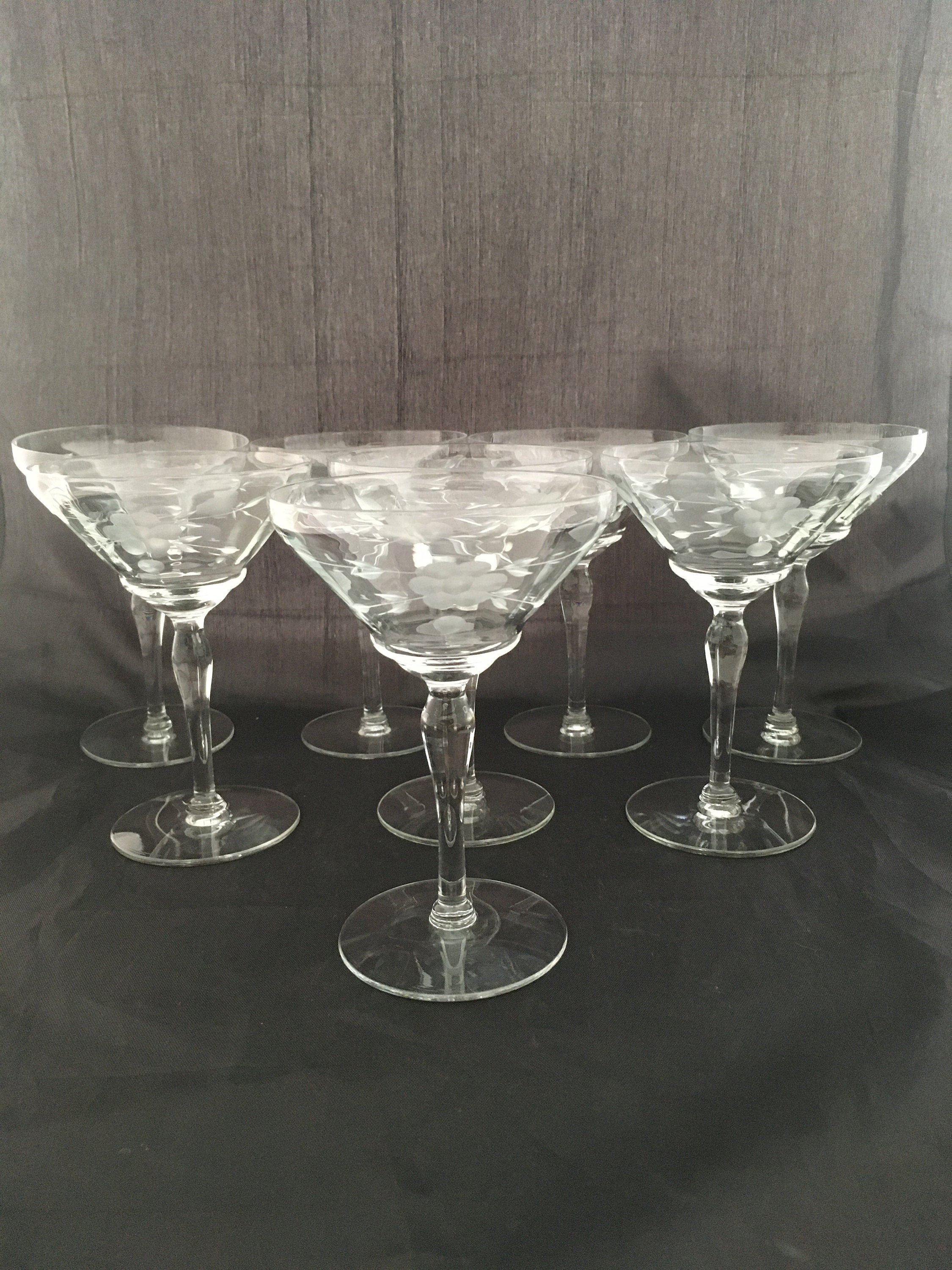 Set of 2 Art Deco Floral Etched Crystal Tall Coupe Glasses Etsy
