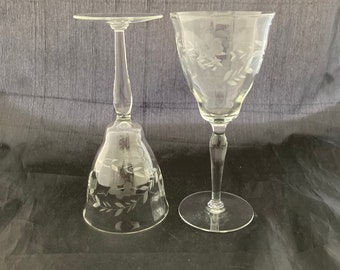 Set of 2 Antique Floral Etched 8OZ Crystal Goblets, Stemmed Water or Wine Glasses