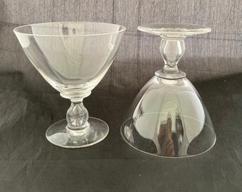 Set of 2 Air Bubble Stem Crystal Cocktail Coupe Glasses, Tear Drop Knob Stem, Mid Century Modern Martini Glasses, Champagne Saucers, Dessert