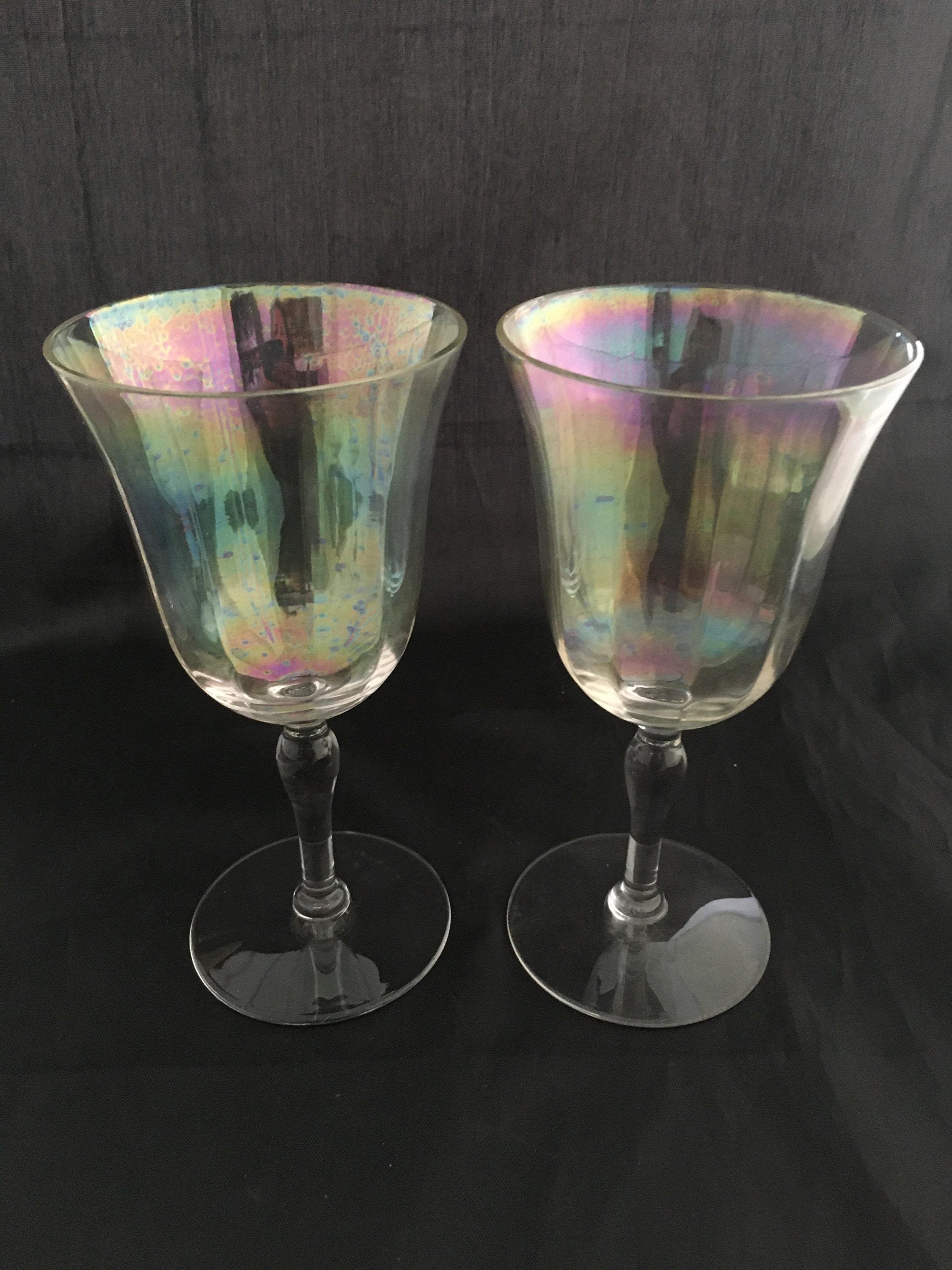 2 Mid Century Modern Iridescent Blue Green Crystal Glass Tulip Cocktail Goblets 