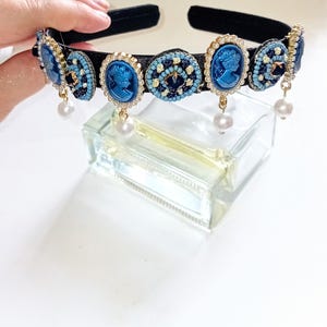 EXQUISITE handcrafted unique Baroque blue cameo, pearl & beaded gemstone headband crown