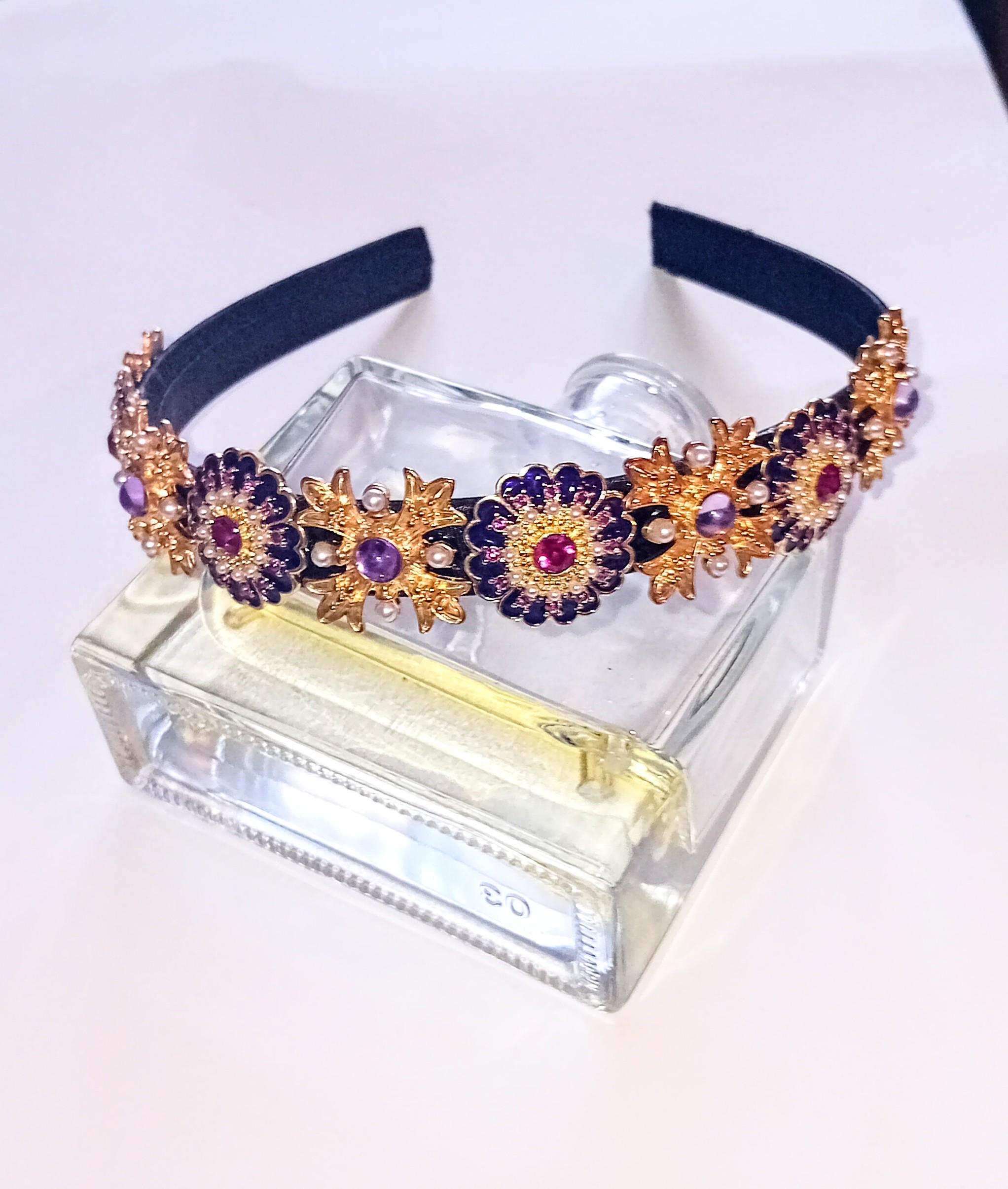 GORGEOUS handcrafted unique boho               Amethyst flower & gold gemstone             headband crown