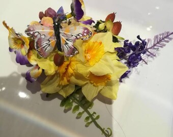 Stunning handmade unique summer daffodil, lavender, pansy and tiny butterfly hair clip