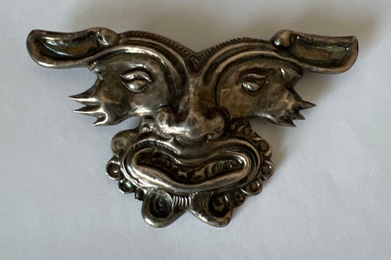 Antique Mexican Silver Brooch Aztec Nice! - image 1