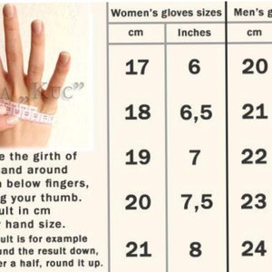 May include: A chart showing glove sizes in both inches and centimeters. The chart is divided into two sections: Women's gloves sizes and Men's gloves sizes. The chart shows the corresponding size in inches and centimeters for each size.