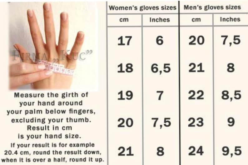 May include: A chart showing glove sizes in both inches and centimeters. The chart is divided into two sections: Women's gloves sizes and Men's gloves sizes. The chart shows the corresponding size in inches and centimeters for each size.