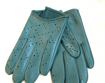 Green Leather Driving Gloves, Perforated Evening Gloves for Women