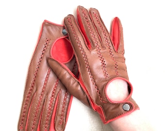 Cognac Leather Driving Gloves, Red Accent - Women's Short Gloves