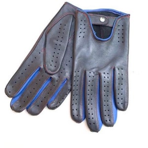 May include: A pair of black leather driving gloves with blue stitching and perforated detailing. The gloves have a red accent along the seams.
