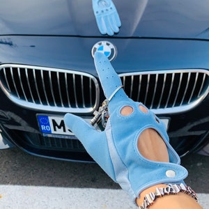 BMW スカイブルー ドライビング グローブ / レディース ファッション レザー グローブ / レザー ドライビング グローブ / バレンタインデー ギフト / レディース ファッション グローブ