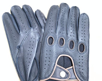 Men's Italian Napa Leather Driving Gloves, Handmade, Blue