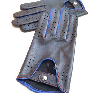 May include: A pair of black leather driving gloves with blue and red stitching. The gloves have a perforated design and a snap closure.